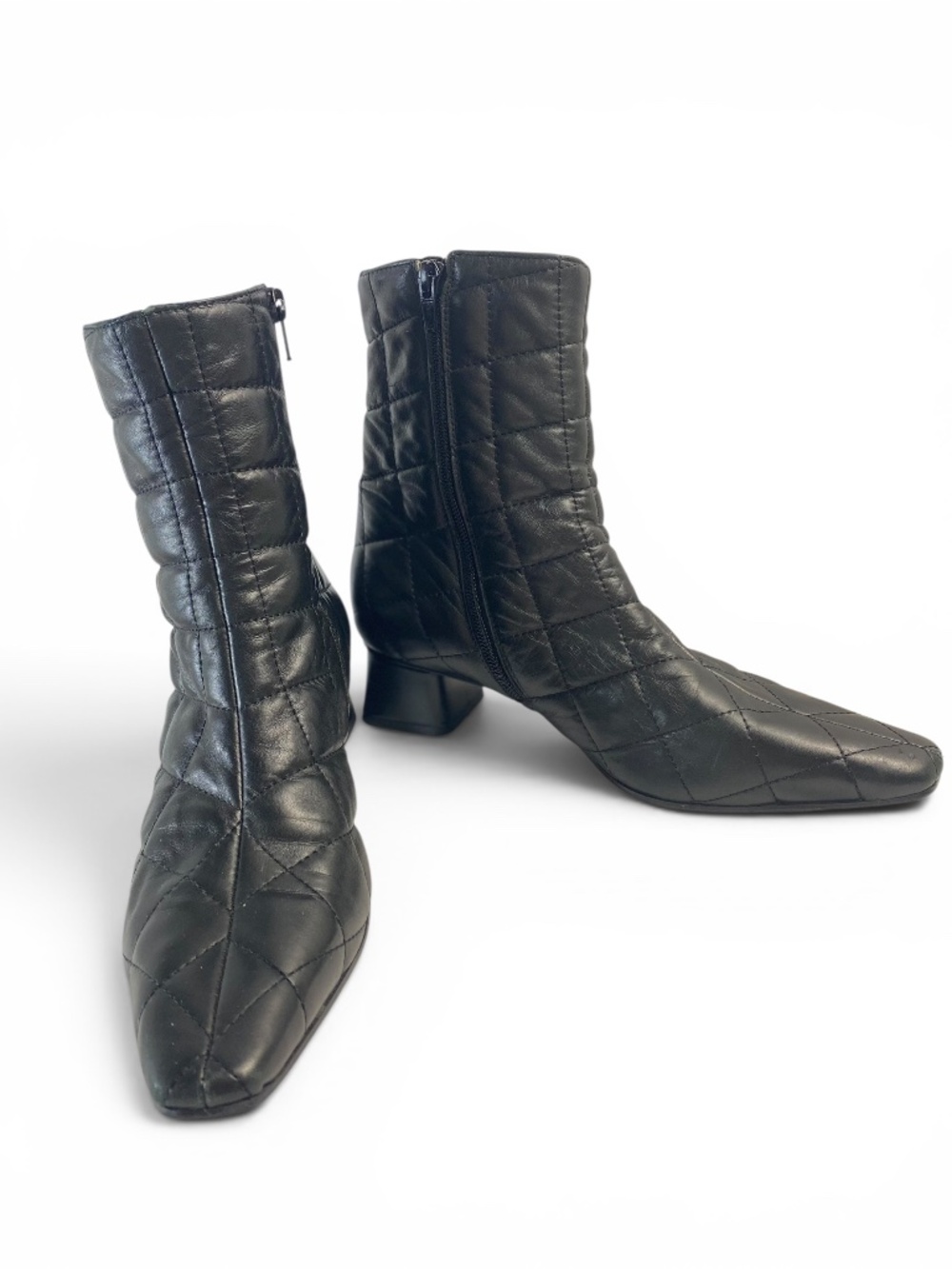 Napoleoni Italian Quilted Leather Ankle Boots Square Toe Block Heel Black Sz 39